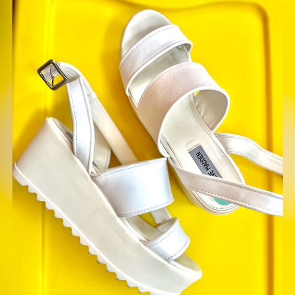 White Leather Ankle Wrap Platform Sandals Steve Madden - Picture 7 of 7